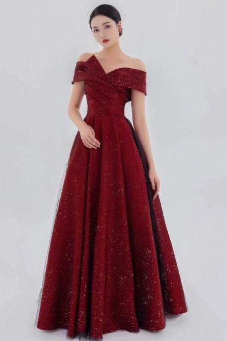 Burgundy Prom Dress Off Shoulder Elegant Tulle Evening Dress Charming Glitter Party Dress