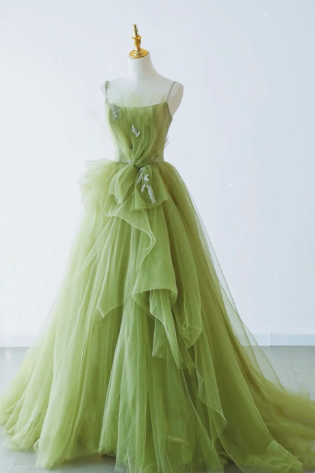 Green Spaghetti Strap Tulle Long Formal Evening Dress, Green A-line Prom Dress