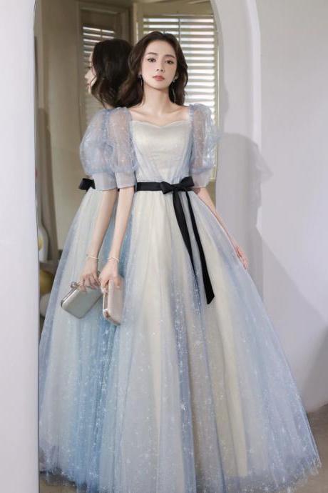 Blue Off Shoulder Tulle Long Formal Evening Dress, Fairy A-line Prom Dress