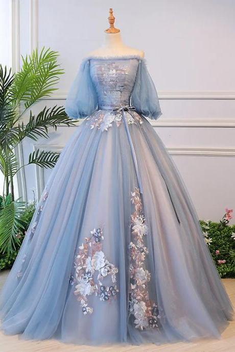 Elegant Off-shoulder Blue Gown With Floral Appliqués