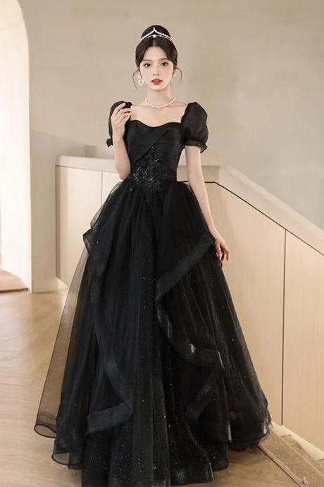 Elegant Black Tulle Sequin Evening Gown For Women