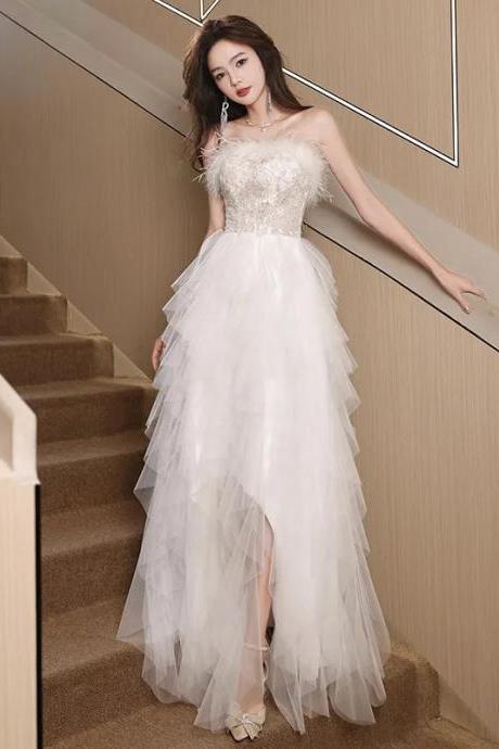 Elegant Strapless High-low Bridal Gown With Lace