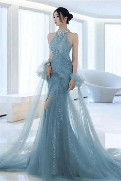 Elegant Halter Neck Embroidered Gown With Tulle Overlay