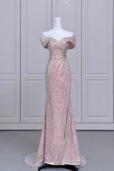 Elegant Off-shoulder Sequin Evening Gown For Women