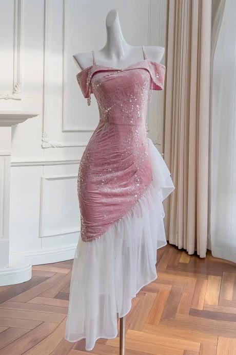 Elegant Off-shoulder Pink Sequin Evening Gown Dress
