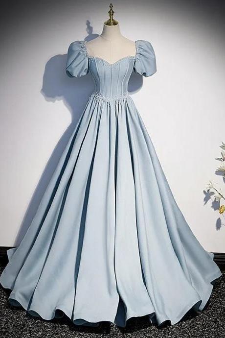 Elegant Sky Blue Satin Gown With Puff Sleeves