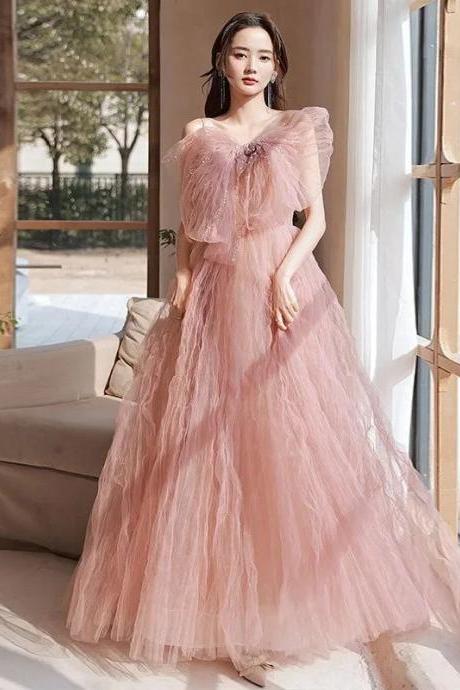 Elegant Tulle Off-shoulder Pink Maxi Evening Gown