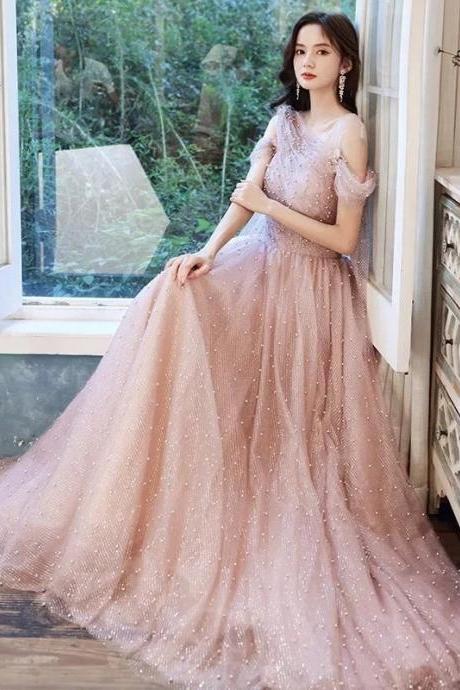 Elegant Sparkling Tulle Evening Gown With Cap Sleeves