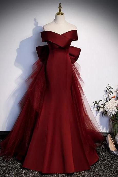 Elegant Off-shoulder Burgundy Tulle Evening Gown Dress