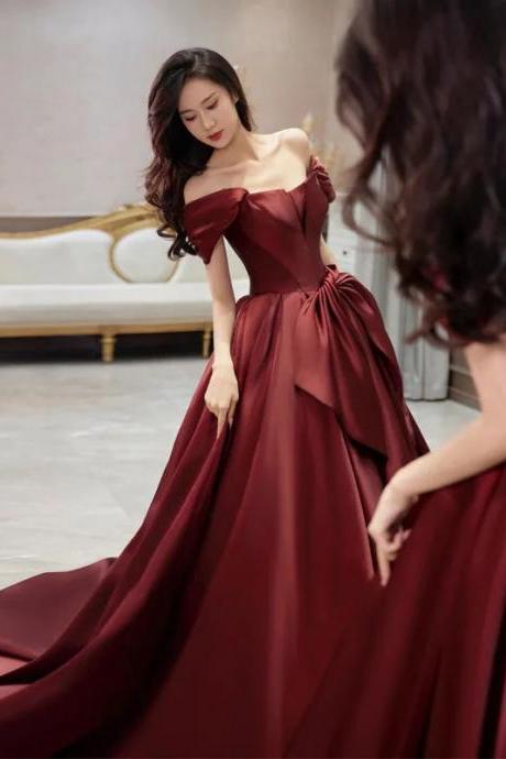 Elegant Off-shoulder Burgundy Satin Ball Gown Dress