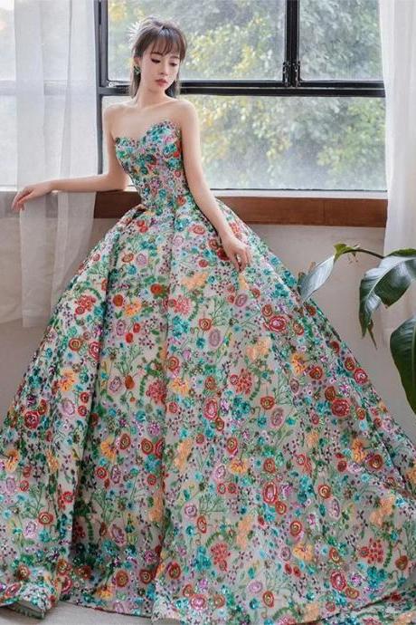 Elegant Floral Print Strapless Ball Gown Dress
