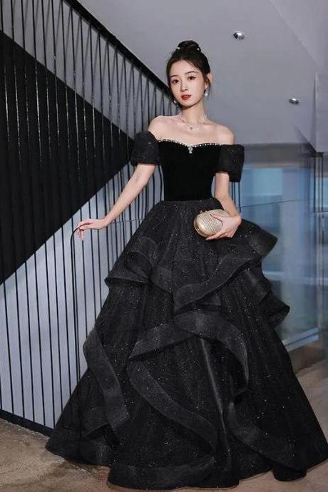 Elegant Off-shoulder Black Tiered Gown With Glitter