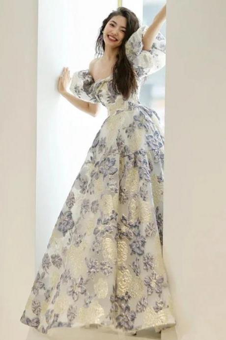Elegant Floral Lace Puff Sleeve Maxi Evening Dress