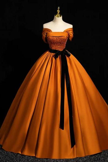 Elegant Off-shoulder Orange Gown With Black Sash
