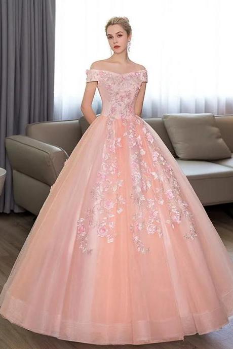 Elegant Off-shoulder Pink Gown With Floral Embroidery