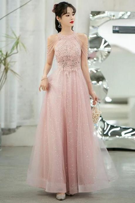 Elegant Beaded Pink Tulle Evening Gown With Sheer Overlay