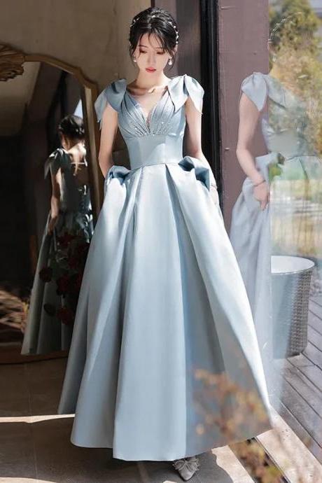 Elegant Blue Satin Ball Gown With Cap Sleeves