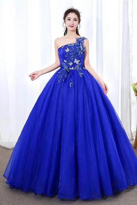 Elegant Royal Blue One-shoulder Evening Gown With Appliques