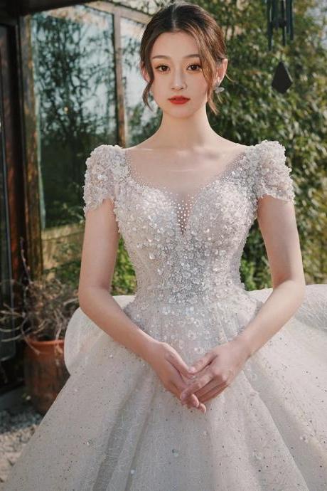 Elegant Off-shoulder Beaded Bridal Gown With Sleeves