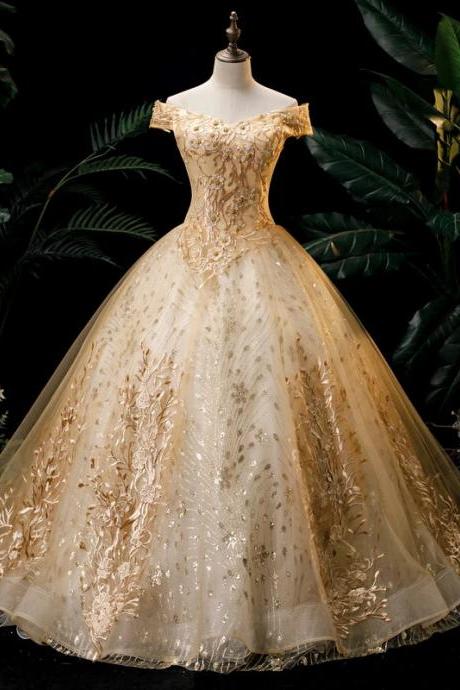 Elegant Off-shoulder Golden Applique Bridal Ball Gown