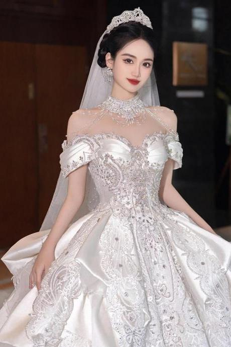 Elegant Off-shoulder Crystal Beaded Bridal Gown With Veil