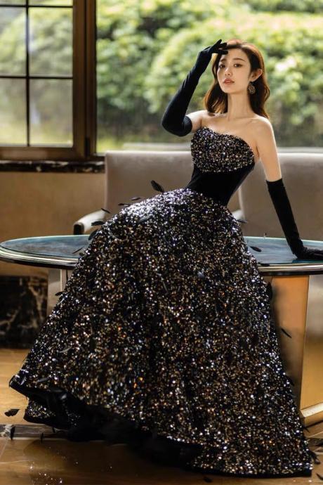 Elegant Strapless Sequin Gown With Long Black Gloves