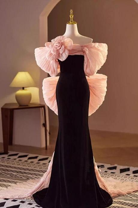 Elegant Black Velvet Gown With Statement Pink Sleeves