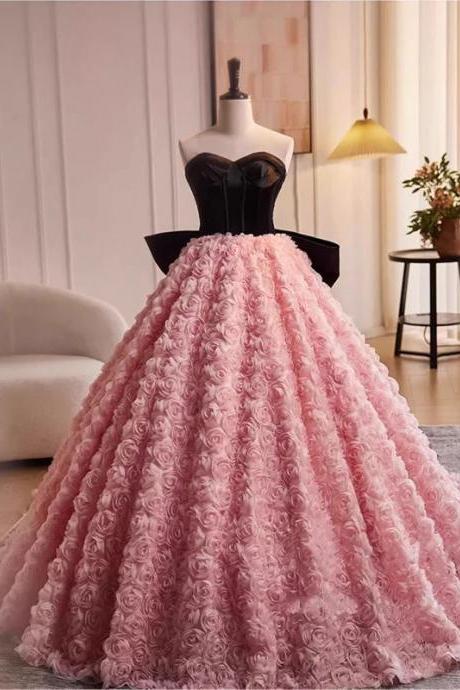 Luxurious Pink Floral Ball Gown With Black Bodice