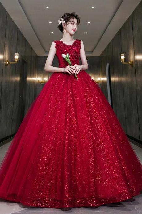 Elegant Sequined Red Ball Gown Evening Formal Dress