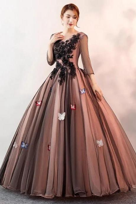 Elegant Butterfly Applique Tulle Evening Ball Gown Dress