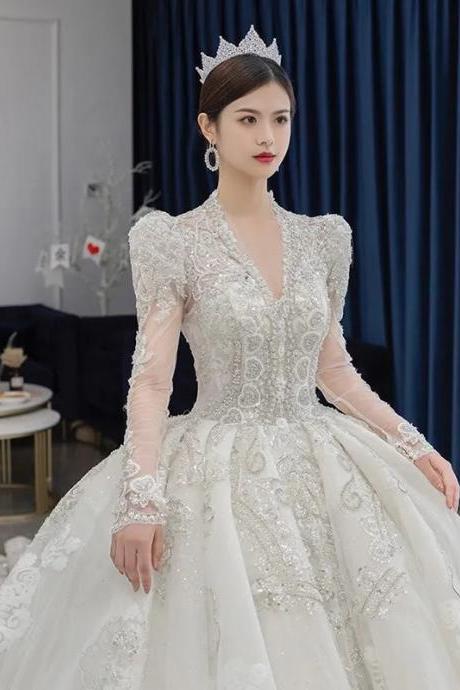 Elegant Long-sleeve V-neck Beaded Bridal Ballgown Tiara