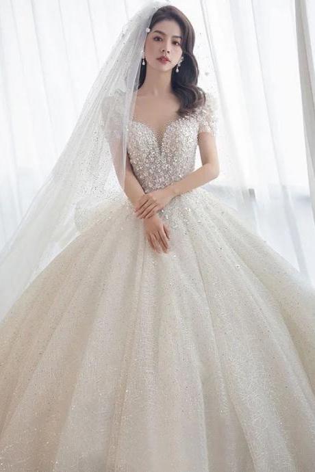 Elegant Off-shoulder Sequin Bridal Gown With Veil