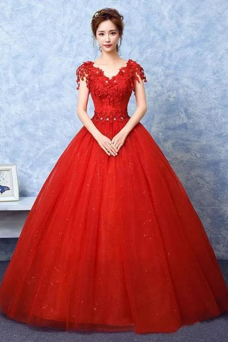 Elegant Red Lace V-neck Evening Ball Gown Dress