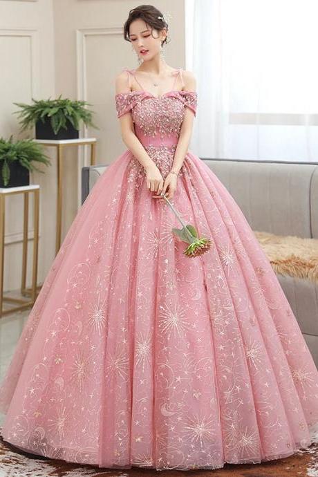 Elegant Off-shoulder Pink Beaded Ball Gown Dress