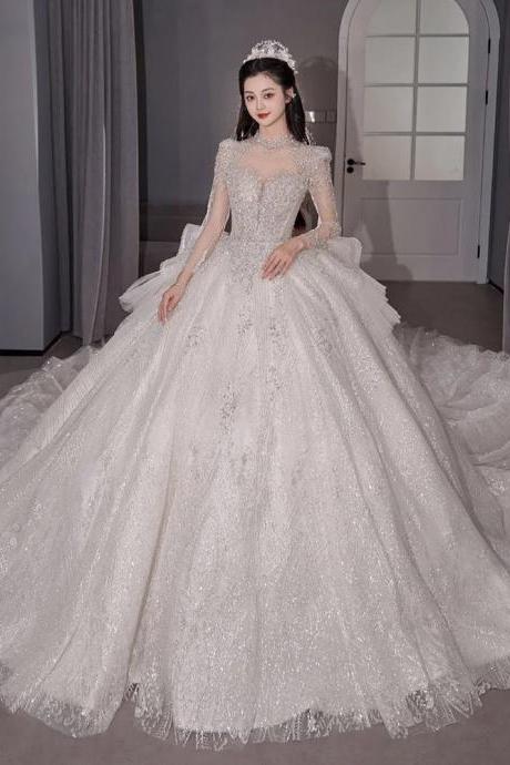 Luxury Sequined Long-sleeve Ball Gown Wedding Dress