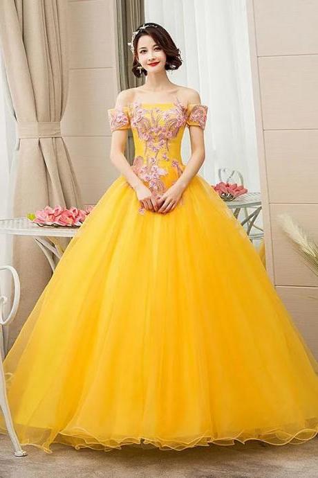 Elegant Off-shoulder Yellow Gown With Floral Embroidery