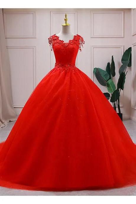 Elegant Red Lace Applique Ball Gown Wedding Dress