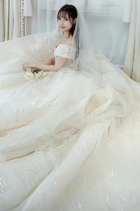 Luxurious Off-shoulder Sequin Bridal Gown With Veil