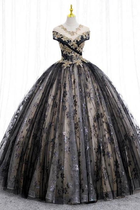 Elegant Black Tulle Off-shoulder Sequined Ball Gown