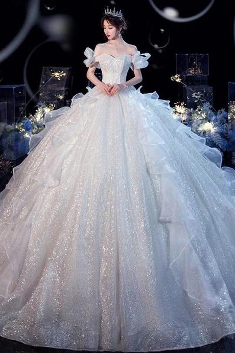 Luxurious Sparkling Off-shoulder Cinderella Wedding Gown