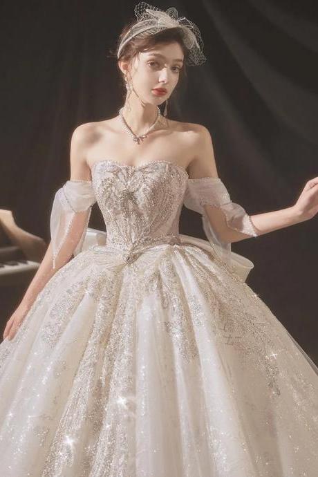 Elegant Off-shoulder Sequin Bridal Ballgown With Sleeves