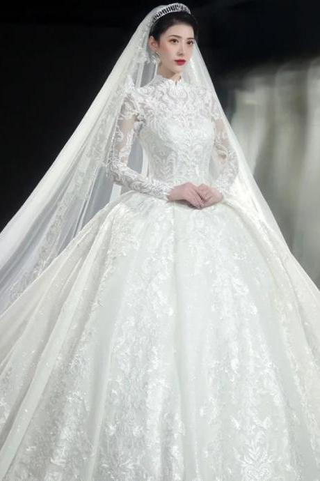 Elegant Long Sleeve Lace Ball Gown Wedding Dress