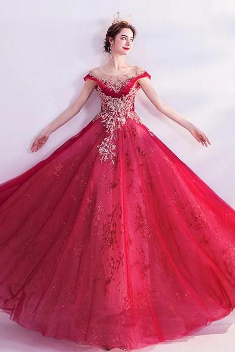 Elegant Off-shoulder Red Ball Gown With Beaded Appliques