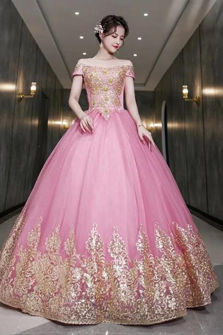 Elegant Off-shoulder Pink Ball Gown With Gold Embroidery