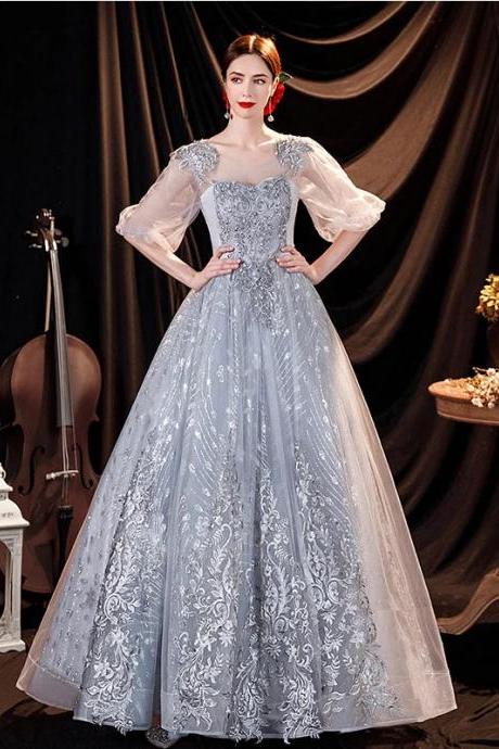 Elegant Puff Sleeve Embroidered Tulle Ball Gown Dress