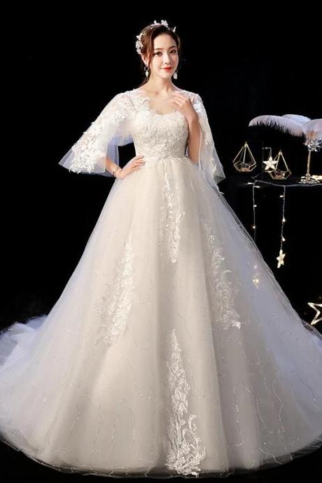 Elegant Lace Applique Long-sleeve Bridal Ball Gown