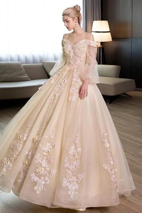 Elegant Off-shoulder Beaded Ball Gown Bridal Dress