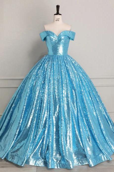 Off-shoulder Sparkling Blue Sequin Ball Gown Dress
