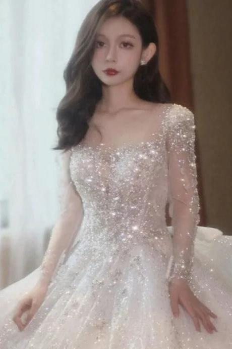 Elegant Sequined Long Sleeve Bridal Gown Wedding Dress