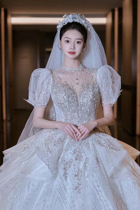 Elegant Crystal Beaded Puff Sleeve Bridal Ball Gown